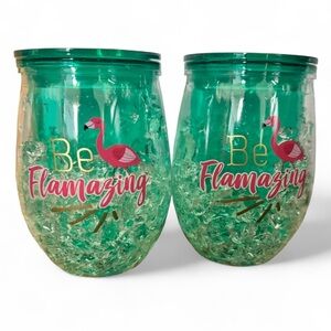 “Be Flamazing” set of 2 acrylic wine tumblers with sip-top lid ~ NWOB